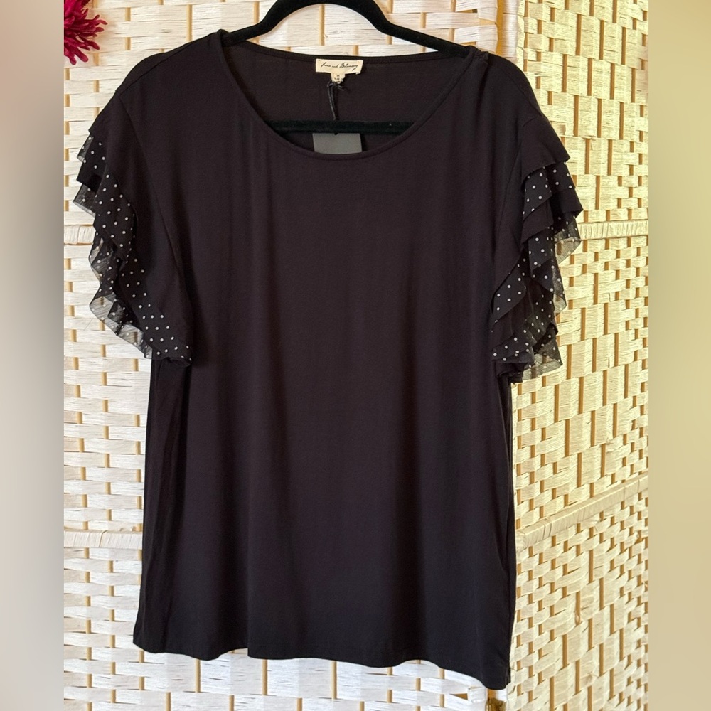 New Jane and Delancey Black Blouse with Polka dotted Ruffle Sleeves Size M